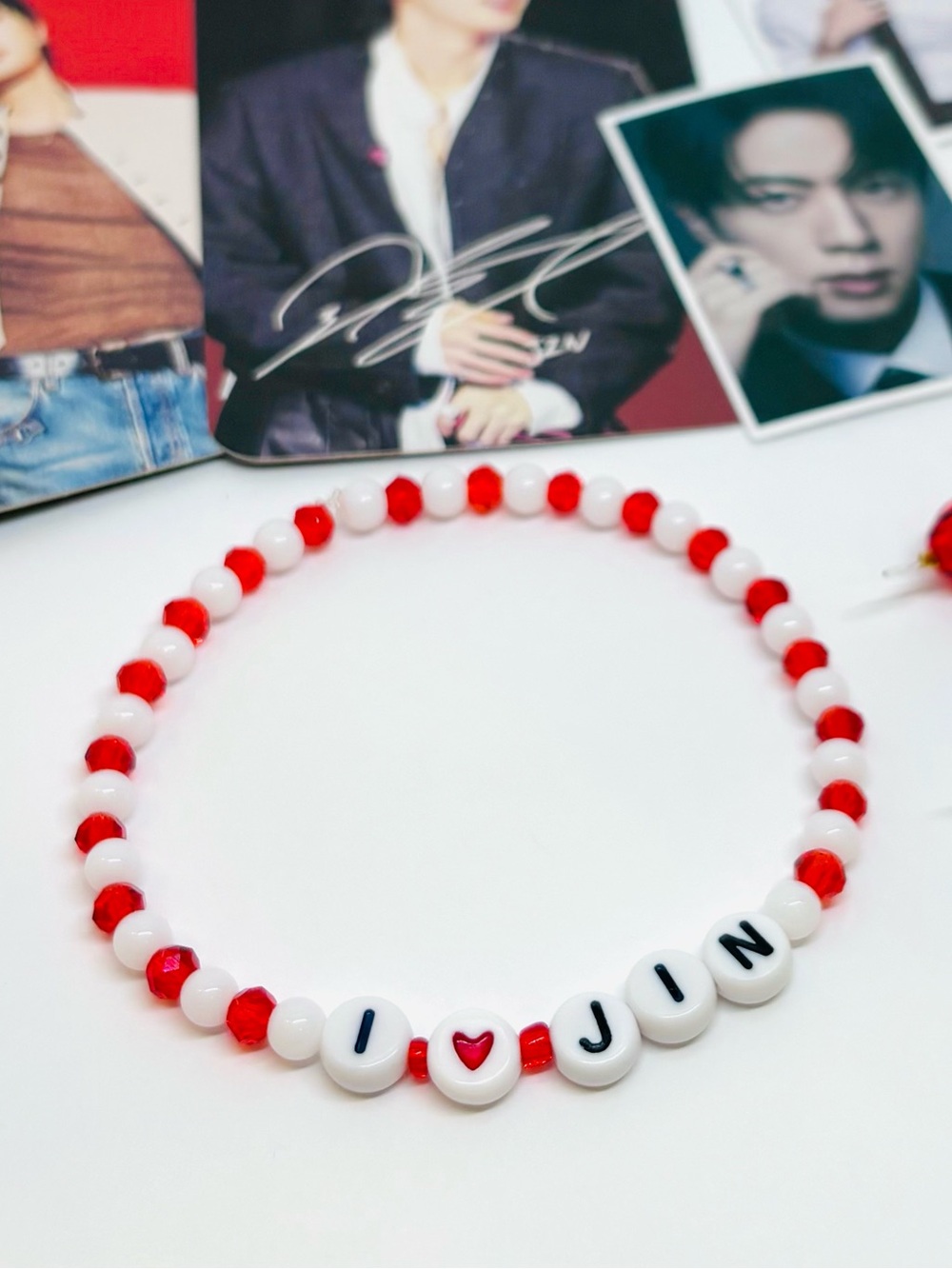 (6pcs) BTS JIN BEADED BRACELET KEYCHAIN PHOTOCARDS STICKERS BUNDLE - Picture 3 of 8